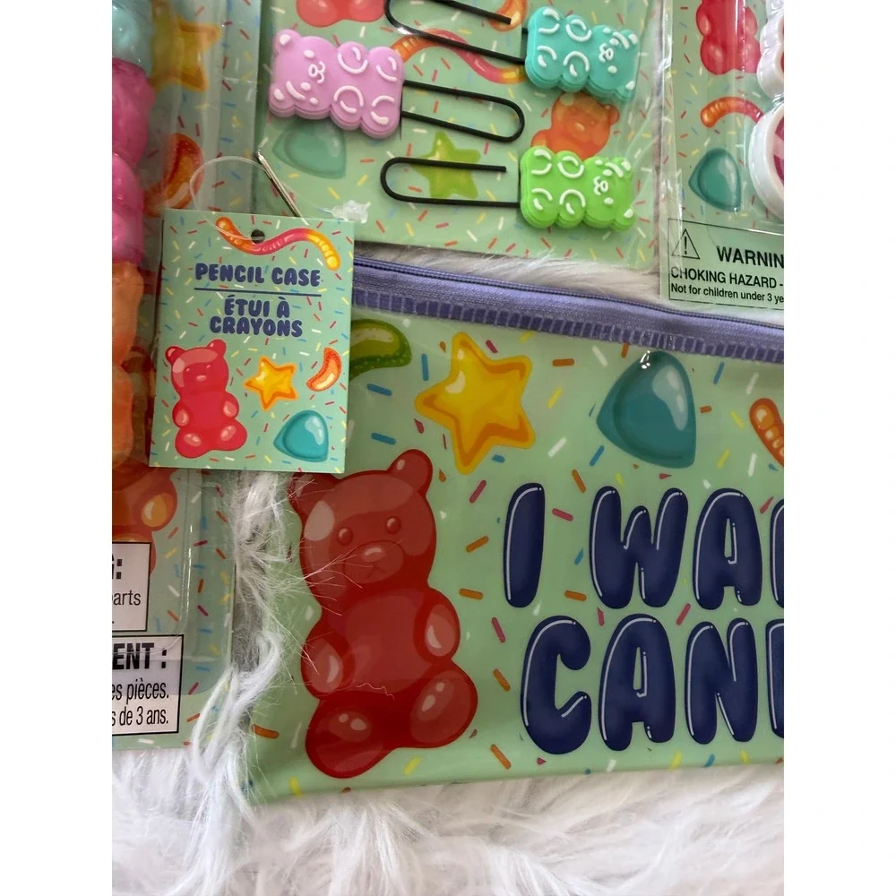 Gummy Bear Stationery Set Pencil Case Pen Sticky Notes Erasers Clips 6pc Bundle